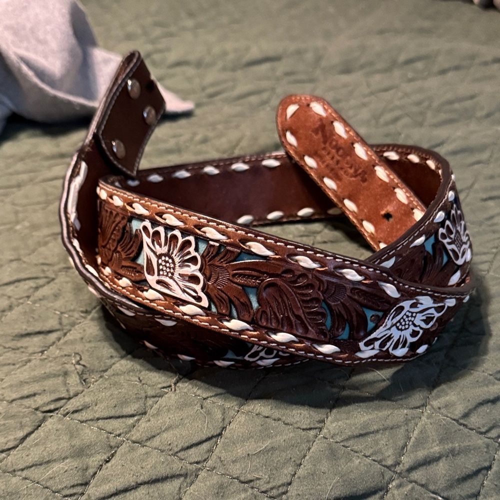 Nocona Brown and White Floral Embossed Belt